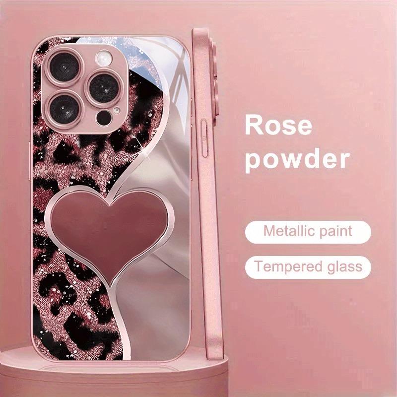 Pink Leopard Heart Pattern Metallic Paint Glass Hard Phone Case For iPhone 17 Air 17 16 15 14 13 12 11 Pro Max Plus 16E Cover