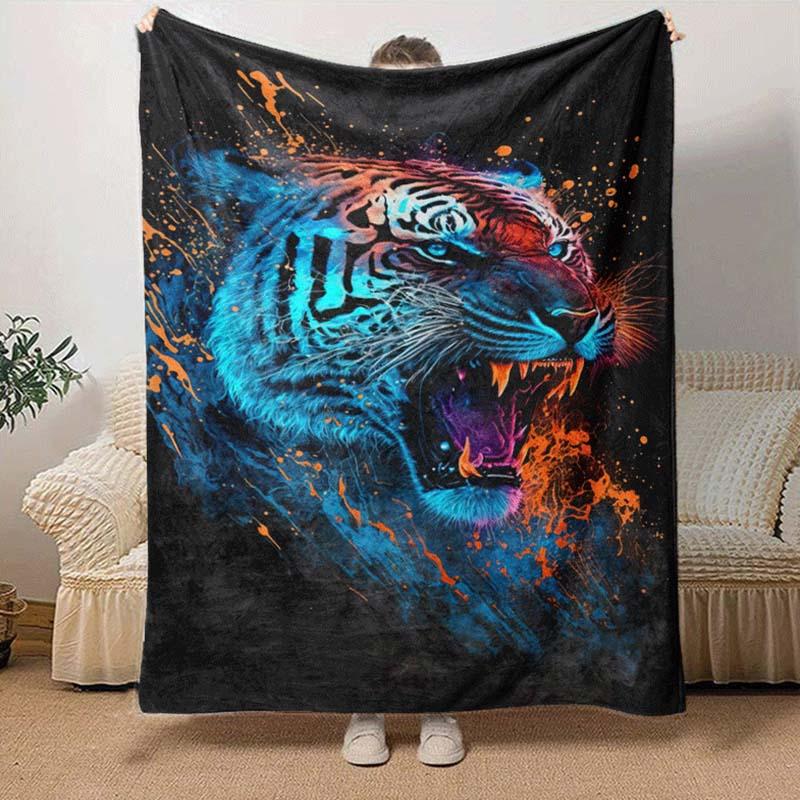 1pc Tiger Printing Lightweight Flannel Blanket, Comfortable and Warm Blanket, for Camping Sofa Bed and Couch Office, Suitable for Gift Blanke