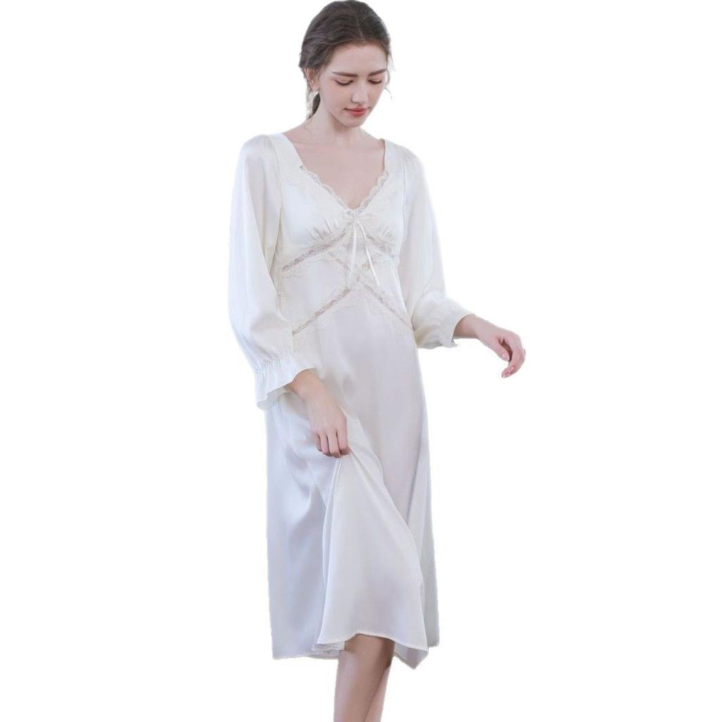 New spring and summer French retro long dress sexy sweet long-sleeved nightdress ice and snow ribbon chest pad court style loungewear