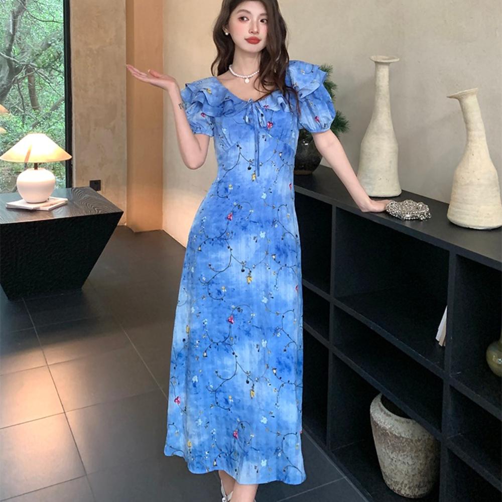 Retro V-neck Slimming Floral Print Midi Dress for Women Short Sleeve Ruffles Splice Temperament Vacation Long Dress
