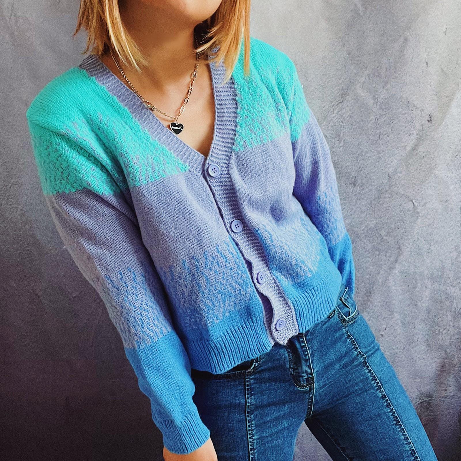 

Модный женский и зимний вязаный пуловер с принтом, с длинным рукавом, повседневный свитер L циан