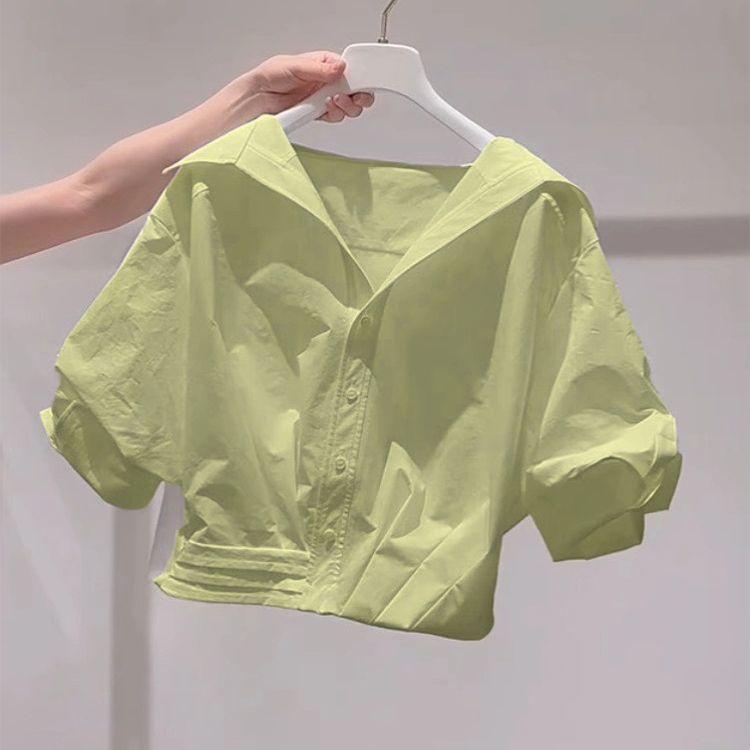 Lapel Bubble Sleeve Shirt Women Loose Fit Cropped Top Female Blouse and Shirt