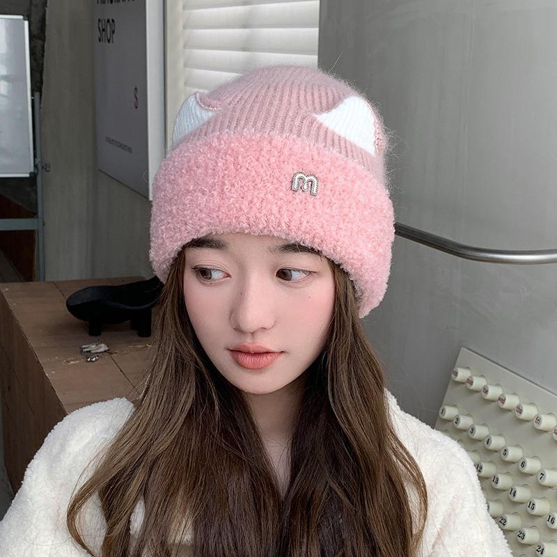 Winter Hat Women's M Standard Sweet and Cute Cat Ears Pullover Hat Versatile Velvet Knitted Hat Warm Ear Protector Cold Hat