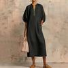 Robe d'été en coton et lin pour femme Robe tunique longue décontractée à manches courtes bouffantes Fermeture éclair Col rond Coupe ample Robe de vacances avec poches