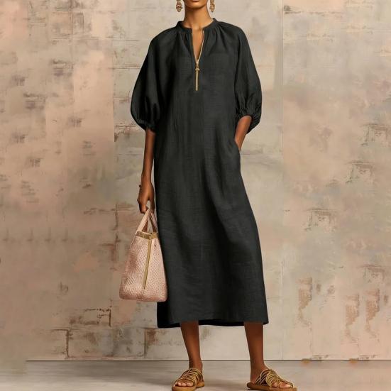 Robe d'été en coton et lin pour femme Robe tunique longue décontractée à manches courtes bouffantes Fermeture éclair Col rond Coupe ample Robe de vacances avec poches