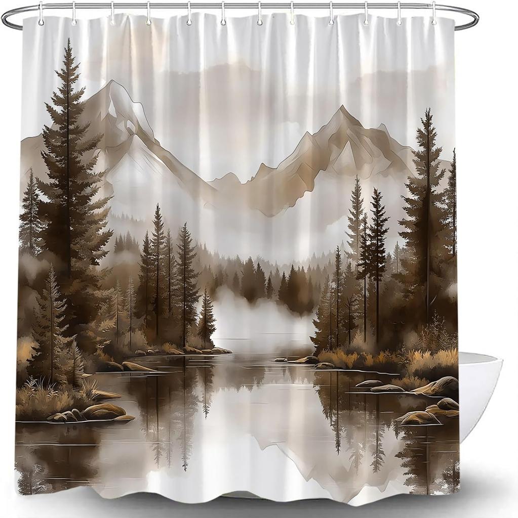 Green Misty Forest Shower Curtain Mountain Foggy Pine Trees Landscape Watercolor Jungle Plant Rustic Nature Scenery Lake Fabric