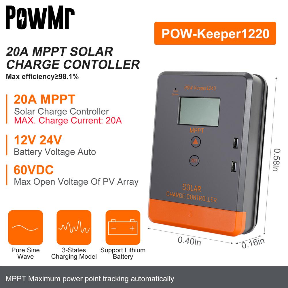 PowMr 20A 25A 30A 35A 40A 45A MPPT Solar Charge Controller for 12V 24V Lead-acid/Lithium Battery Solar Regulator Back-light LCD 20A