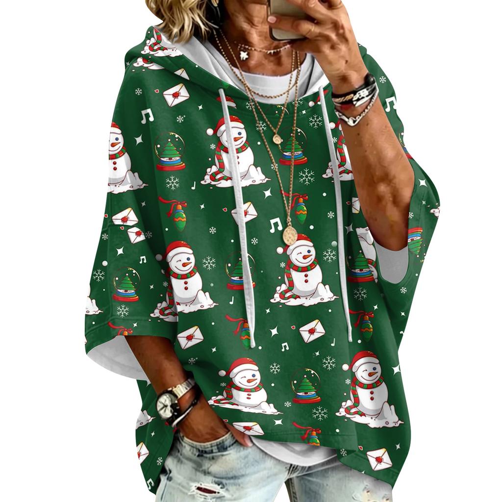 Women's Christmas Printed Hooded Loose Fit Long Sleeve Sweatshirt Top