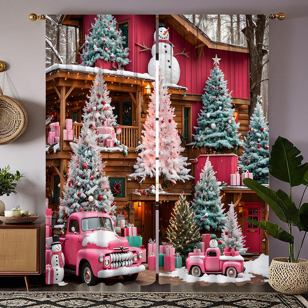 2pcs  Set HD Christmas Snow Tree Pink Truck Decorative Curtain Red Tie Digital Printed Curtain Home Decoration Style Decorate