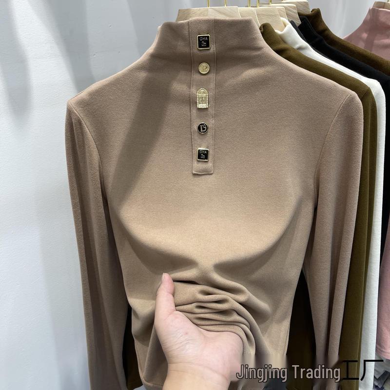 

De Velvet European Semi-High Neck Button Long Sleeve Fleece-Lined Warm Women s T-Shirt for Autumn & Winter. XL