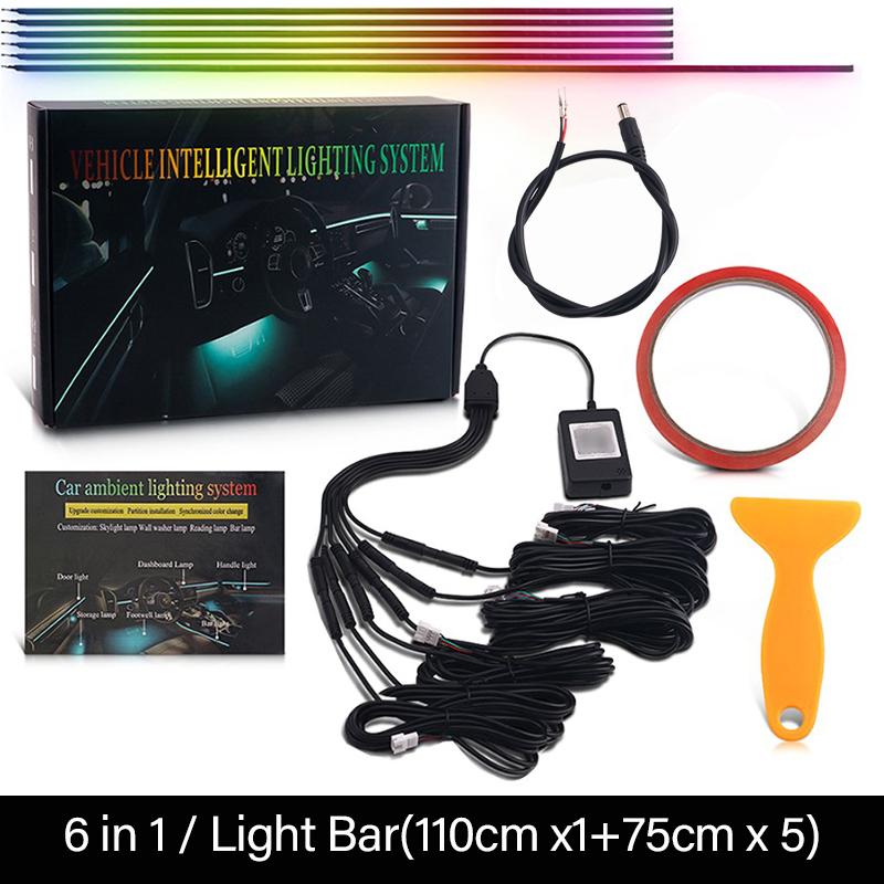 18 v 1 64barevné RGB Symphony Car Ambient Light Interiérové ​​akrylové vodítko LED páskové světlo Dekorace Atmosférická lampa pomocí ovládání aplikací
