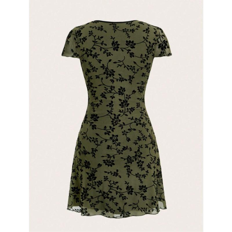 Damen Sommer Sexy Blumen bestickt V-Ausschnitt Farbe Kontrast Rand A-Linie Kleid