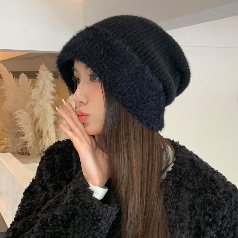 Autumn and Winter Hat Women's Wool Knitted Hat Big Head Circumference Headgear Rabbit Fur Fleece Ear Protector Warm Cold Hat