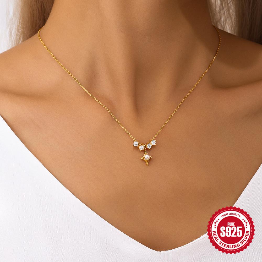 Necklace, Fashion Trend S925 Sterling Silver Mobile Zircon Tetragonal Star Pearl Necklace Temperament Autumn And Winter Collarbone Chain