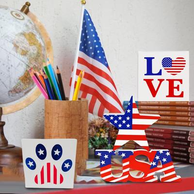 4 Pieces 4th Of July Decor Wooden Patriotic Decorations, Wooden Patriotic Star USA LOVE And Cat Paw Table Signs Fourth Of July Table Decorations