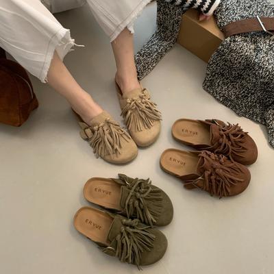 Cowhide Version - Fringed Platform 3cm Shoes 2025 Autumn and Winter New Lazy One-pedal Bag Drag