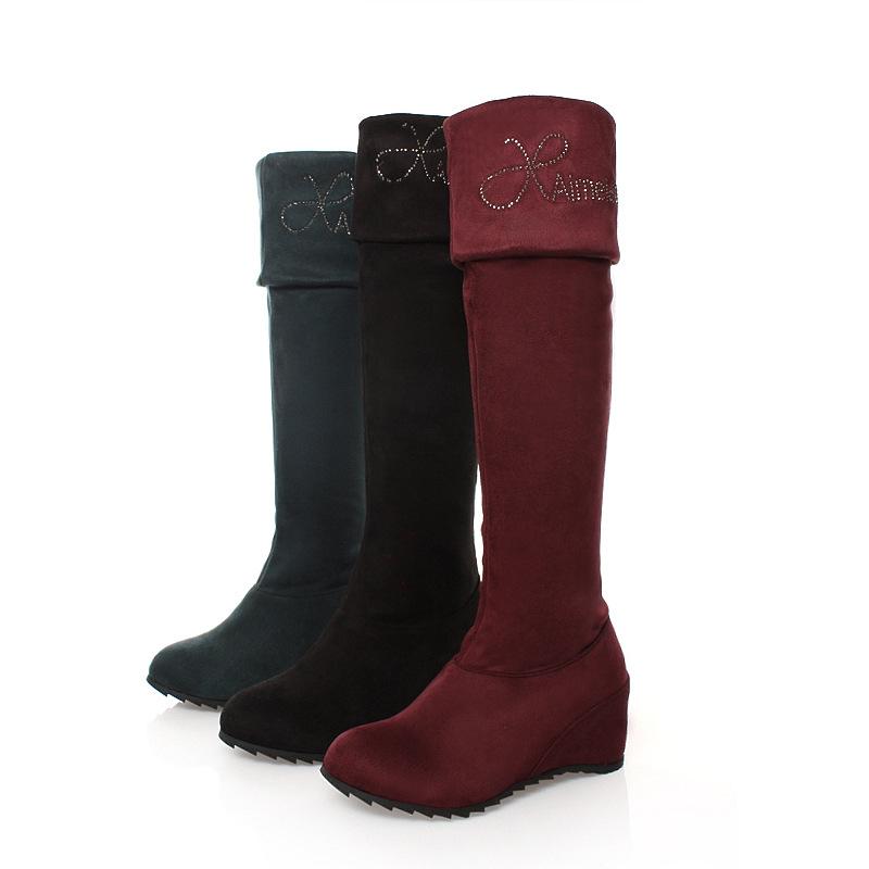 Korean Version of Fashion Slope Heel Matte Boots Two Wear Leg Repair Elastic Long Rhinestone Lady Knee Boots