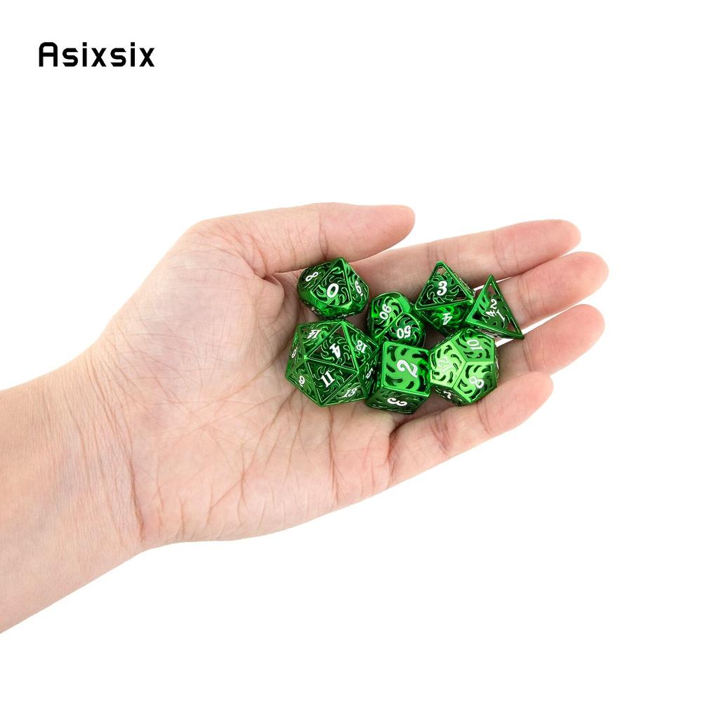 7 Pcs Green White Rotary Windmill Metal Dice Hollow Metal Polyhedral Dice Suitable for Role-Playing RPG Board Game Card Game