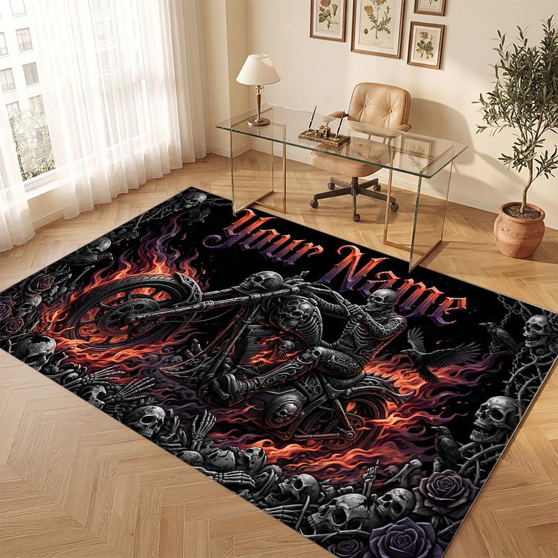 Motorcycle Biker Theme Soft Crystal Velvet Rug Custom Name & Text Print Non Slip Floor Rug for Bedroom Living Room