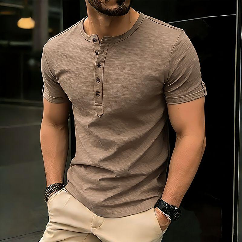 Men's Summer Hip Hop Streetwear Solid Color T-Shirts Bamboo-Handled Henry Collar Casual Button Short Sleeve Top Tees