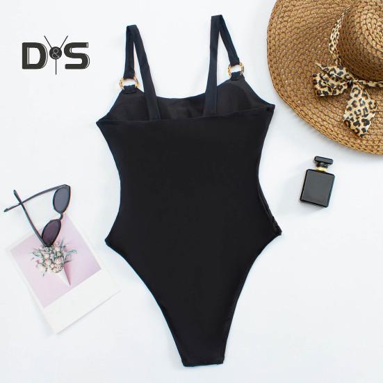 Women Monokini Padded Underwire Solid Color Square Neck One-Piece Bikini with Hollow Design Beach Vacation Swimwear