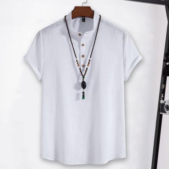 Muži Košile Stojánek Límec Knoflíky Výstřih Jednobarevné Krátké rukávy Pulovr Běžné nošení Bavlna Povlečení Pánské topy Letní móda Tričko Oblečení do práce