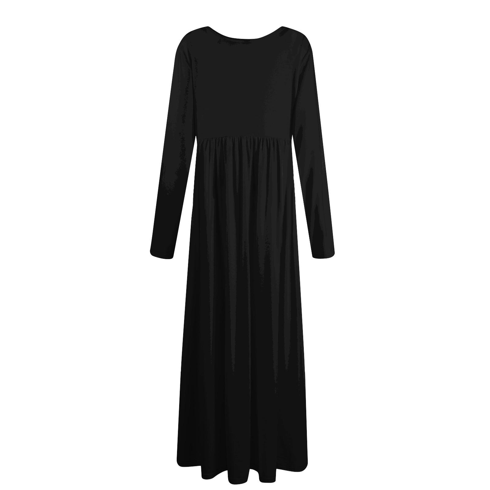 Женское модное повседневное однотонное платье с круглым вырезом и длинными рукавами — фото 5