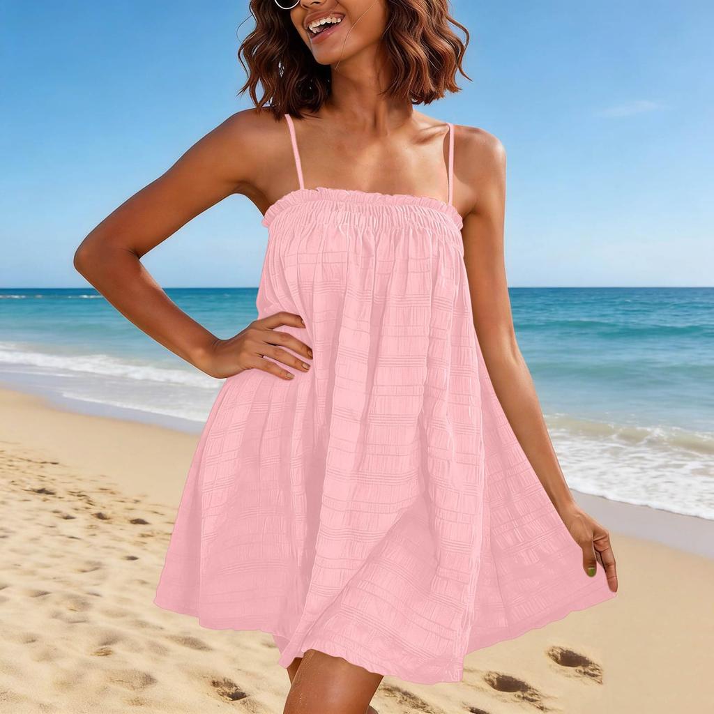 Women Sleeveless Loose Fit A-Line Mini Dress with Spaghetti Straps and Pockets Lightweight Summer Casual Dress
