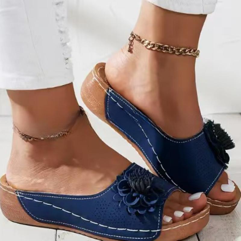Summer Sandals  comfortable Non-slip Wedge Sandals for Women all Day Walking PU Leather Solid Color Open-Toe Slides Flat Beach Sandals