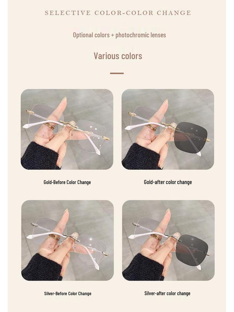 Women's Rimless Anti-Blue Light Myopia Glasses with Photosensitive Color-Changing and Star Design - Large Frame