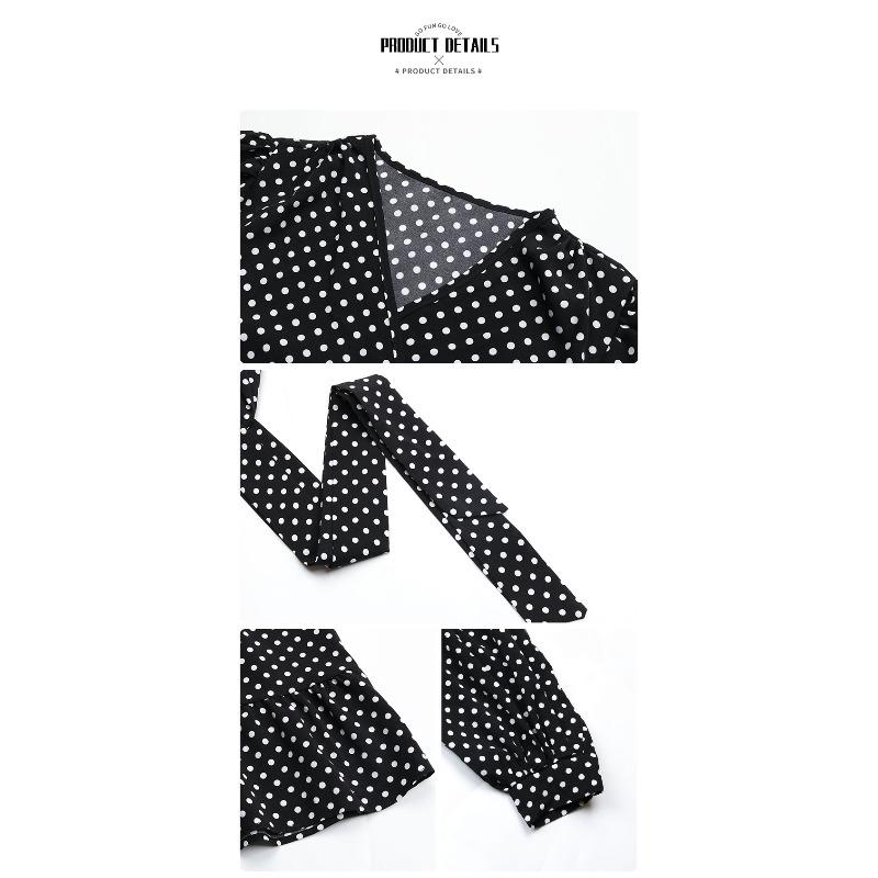 YYFS Moda Donna Primavera Autunno Stampa a Pois Manica Lunga Scollo a V Vita Alta Abiti Casual