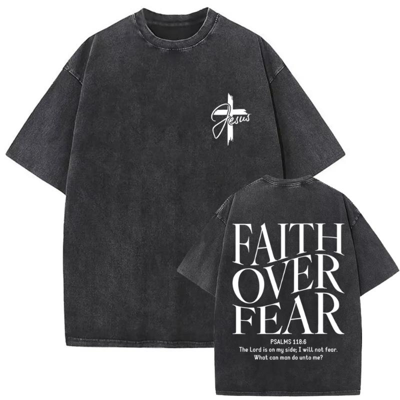 

Awesome Christian Jesus Faith Over Fear Bible Verse Vintage Washed Tshirts Unisex Women Casual Cotton Vintage Oversized T Shirts M