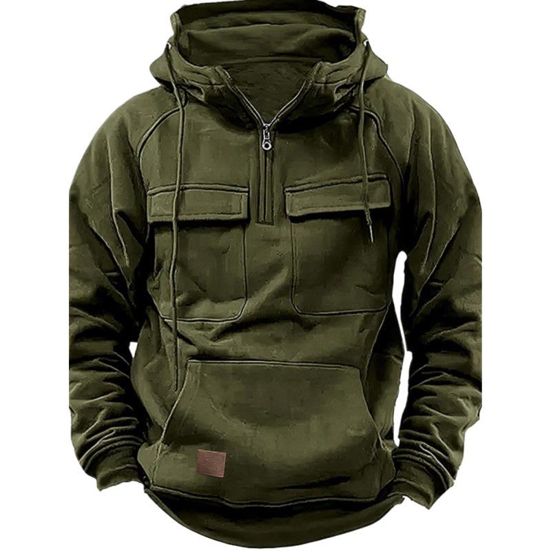 Men's Hooded Multi-Pocket Leather Patch Sweatshirt - European & American Style