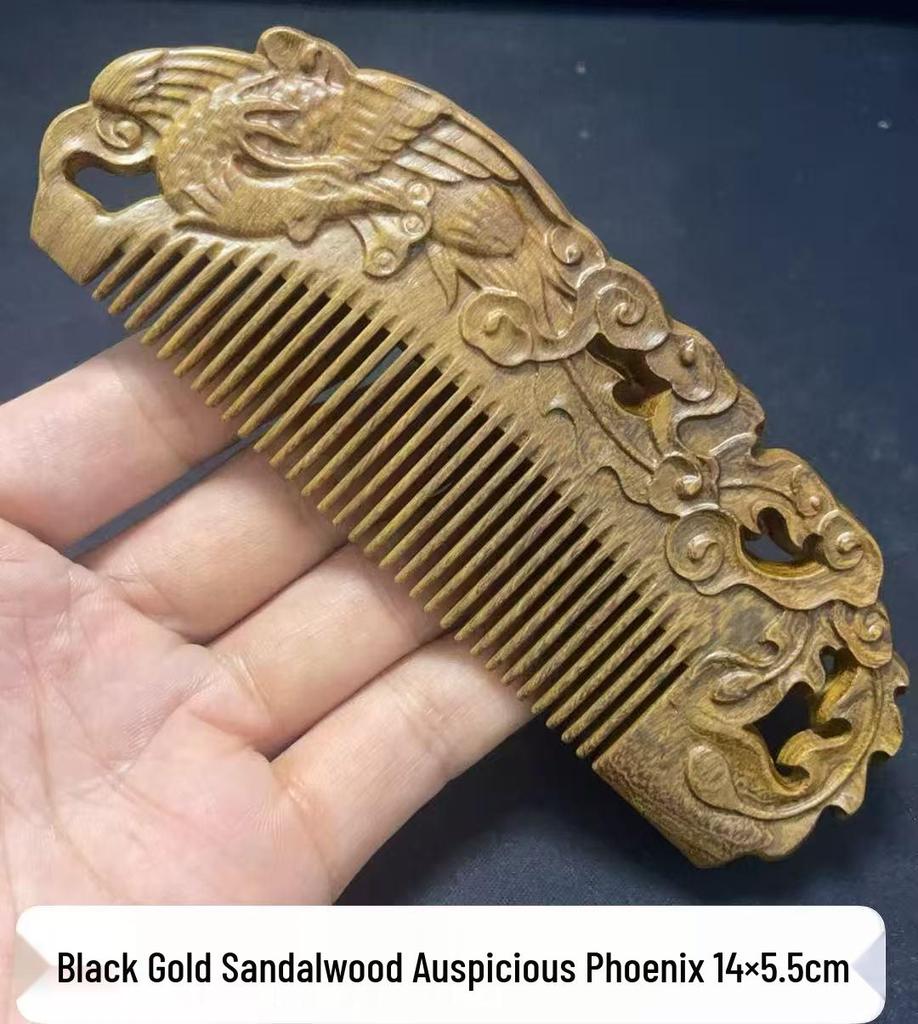 Engraved Green Sandalwood Comb - Black Gold Carved Design, Gift Box Included
