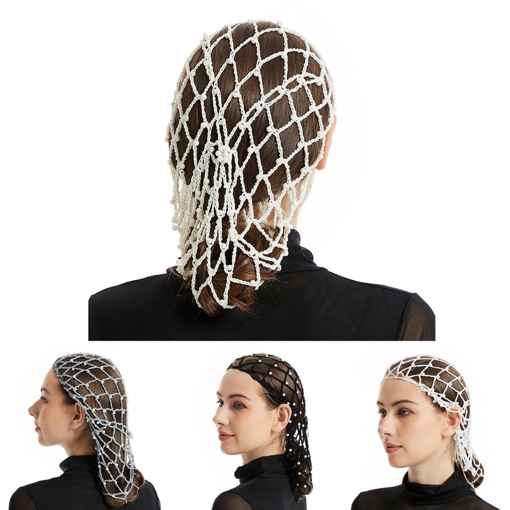 Elegant Handmade Crochet Snood Hair Net Turban Hat for Women with Pearl Bead Decoration Great for Weddings and Parties