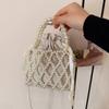 Handmade Beaded Pearl Bucket Phone Bag, Hollow Lace Design Crossbody Purse for Women, Elegant Mini Handbag