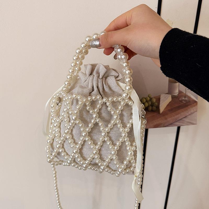 Handmade Beaded Pearl Bucket Phone Bag, Hollow Lace Design Crossbody Purse for Women, Elegant Mini Handbag