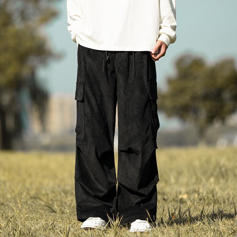 Men's Casual Trendy Army Green Corduroy Overalls - Autumn & Winter Wide-Leg Trousers
