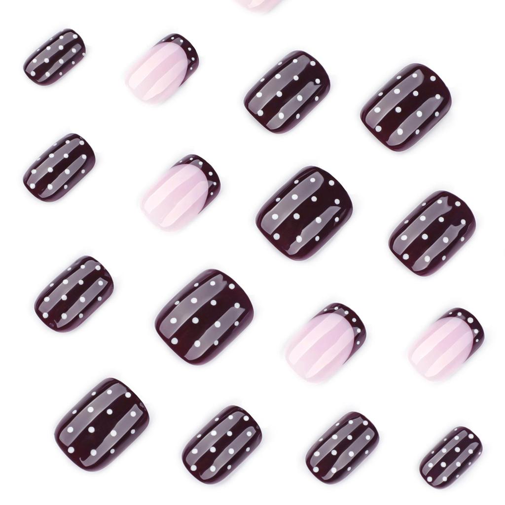 Wine Red Autumn-Winter Press-On Nails with White Polka Dots - Short Square Fake Nails