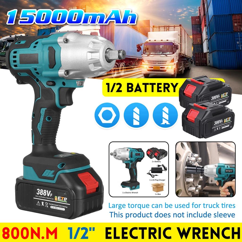 800N.m High Torque Cordless Brushless Electric Impact Wrench 1/2 Inch Power Tools with 2pcs 3.0AH Rechargeable Battery New