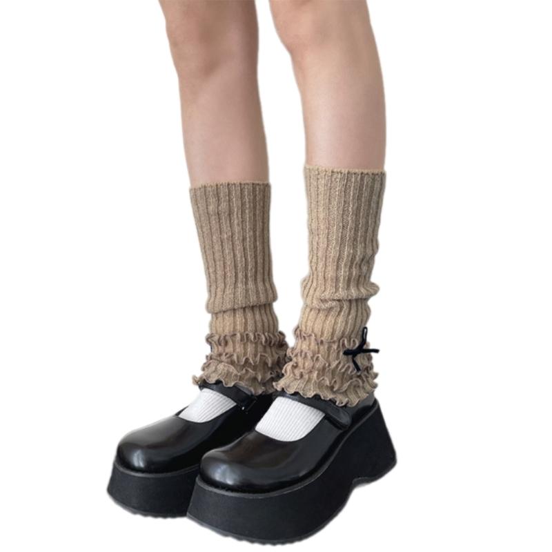 Ribbed Knit Boot Cuffs Footless Socks with Elegant Bows Designs for Women Layered Ruffle Edge Leg Warmers Streetwear