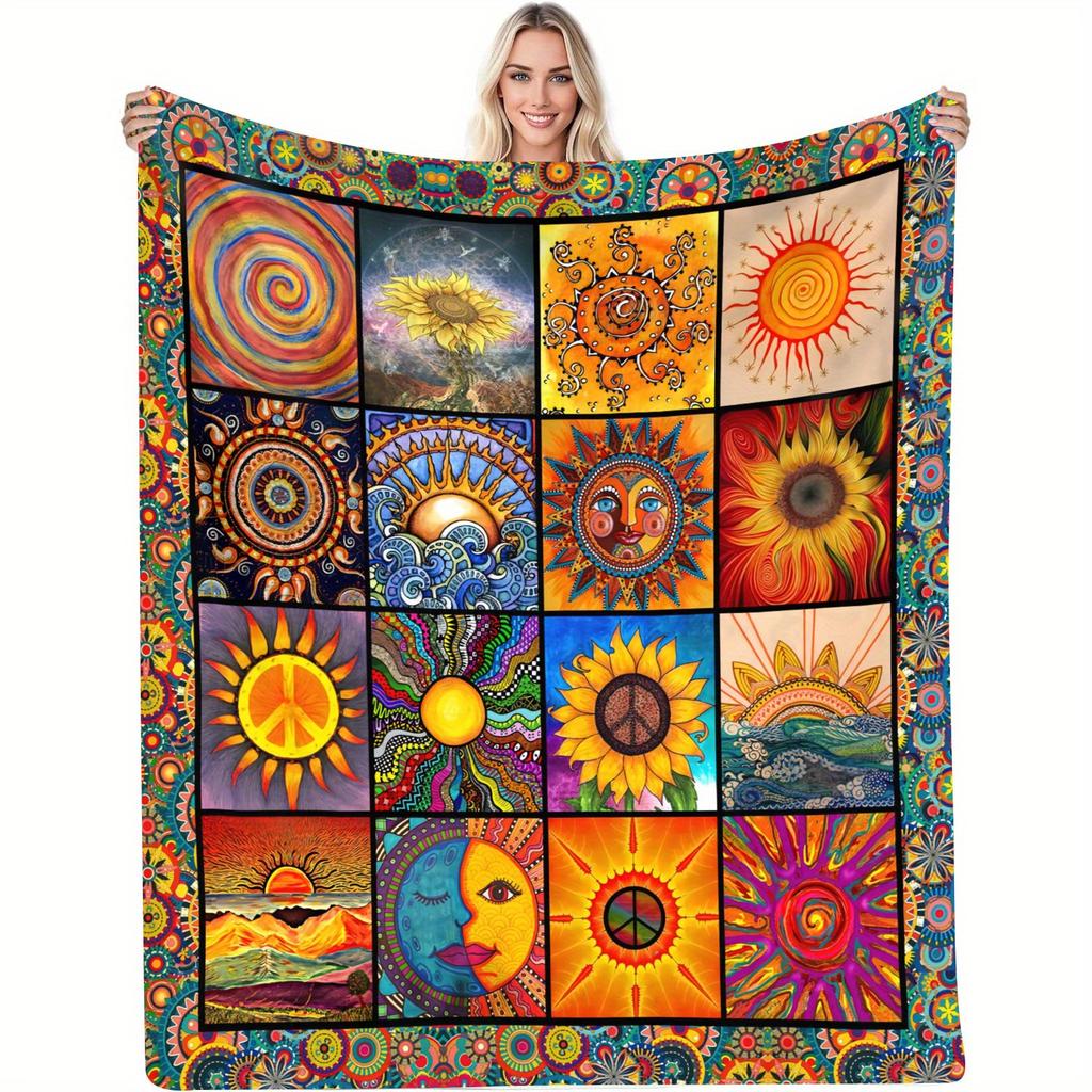 Sun Moon Totem Flannel Blanket Soft Retro Style Sun Moon Printed Blanket Four Seasons Comfortable Blanket