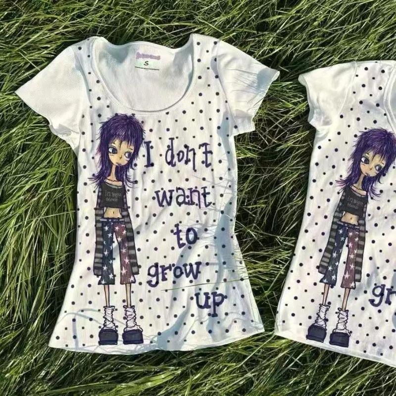 2KWEIRD Japanische Retro Subkultur Cartoon Print T-Shirts Sommer Harajuku Gepunktete Kurzarm-Tees Damen Punk Hottie Slim-Fit Tops