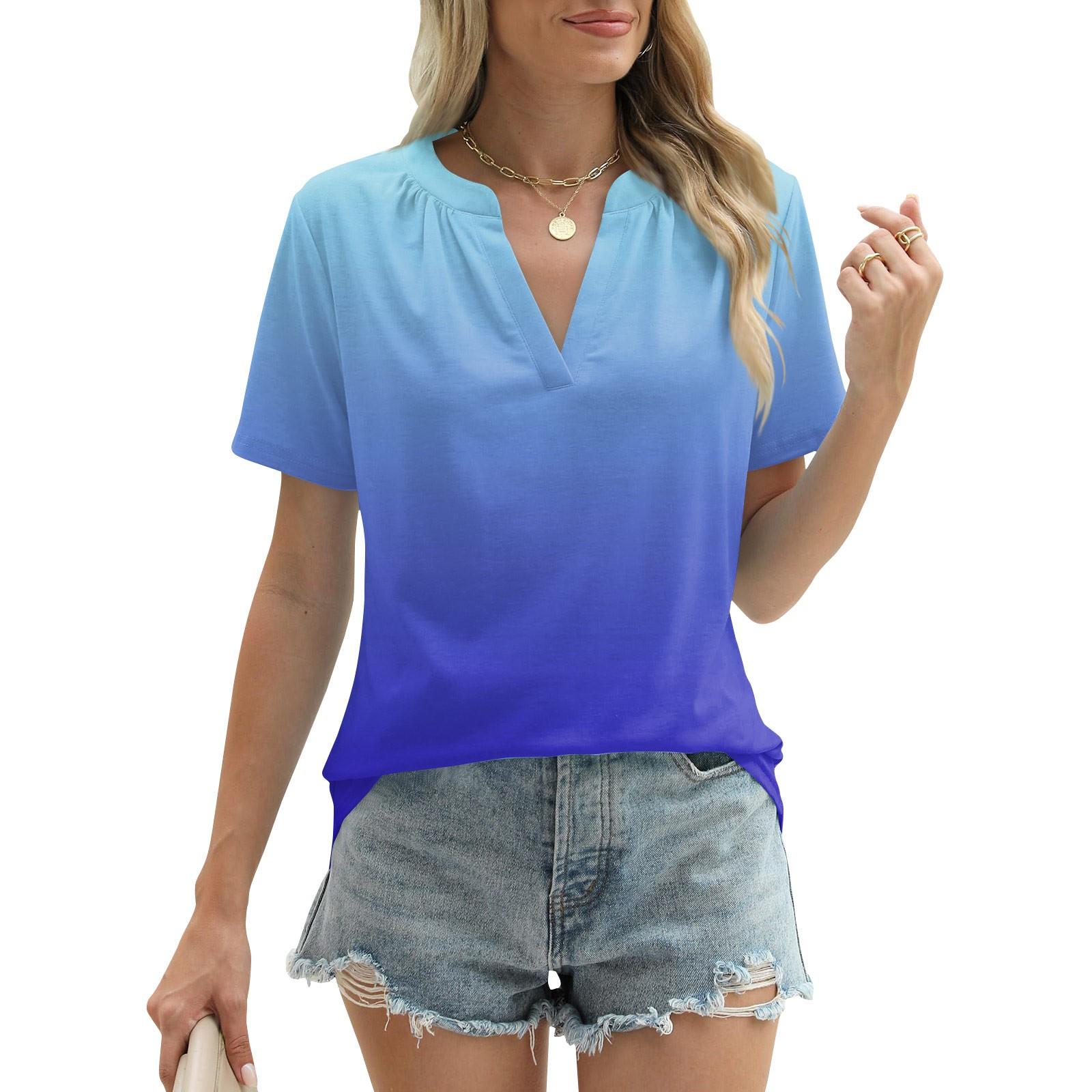 

Женские летние топы с короткими рукавами и V-образным вырезом, свободные повседневные футболки L синий