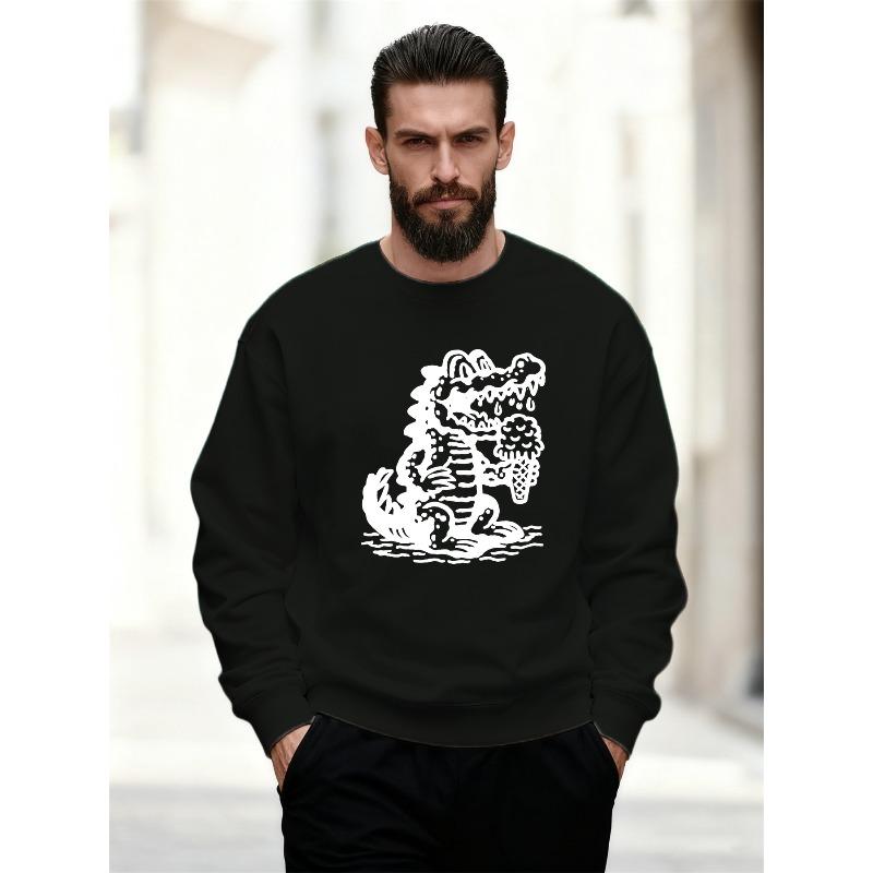 Men'S Cartoon Crocodile Eating Ice Cream Pattern Casual Crew Neck Sweatshirt