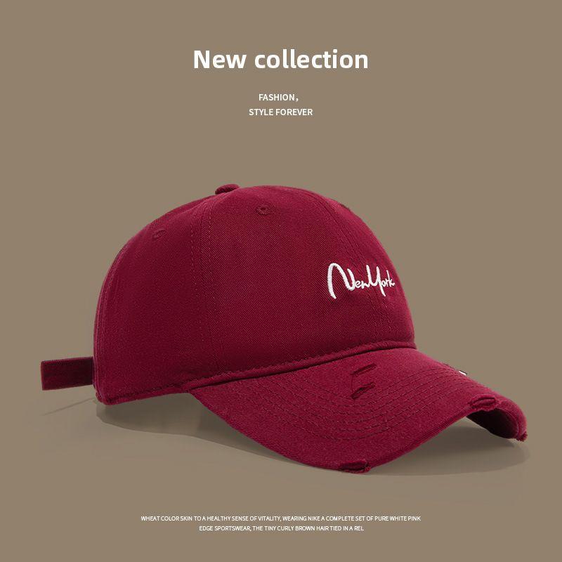 

2024 New Baseball Cap K-style Minimalist Fashion English Letters Embroidered Peaked Cap Outdoor Sunshade Baseball Cap Pure color NewYork-wine red Adjustable