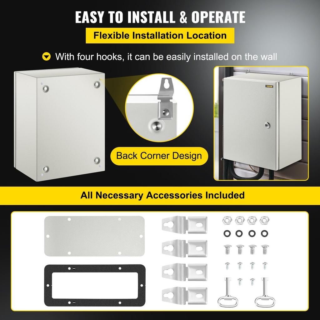 NEMA Steel Enclosure, 16 X 12 X 8\'\' NEMA 4X Steel Electrical Box, IP66 Waterproof & Dustproof, Outdoor/Indoor Electrical Junction Box, with Mounting