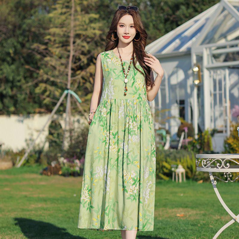 Elegant Plus Size Floral Cotton-Silk Sleeveless Summer Dress