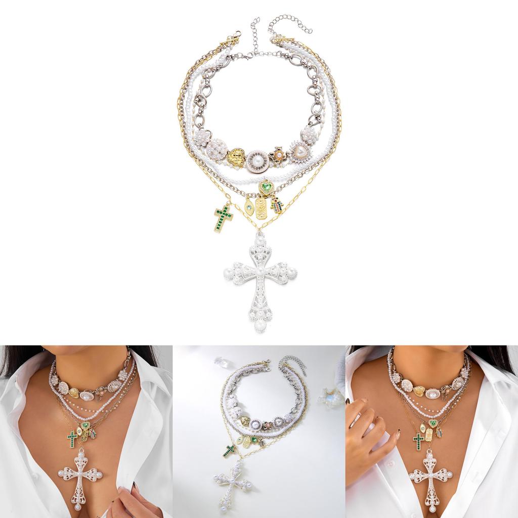 Style Layered Cross Pendant Necklace With Rhinestone Embellishments For Women