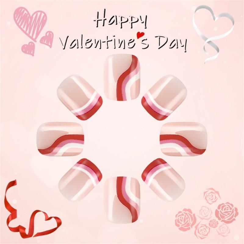 24 Pcs Valentines Day Press On Nail Short False Nail Lovely Heart Stick on Nail French Tip Acrylic Nail for Party